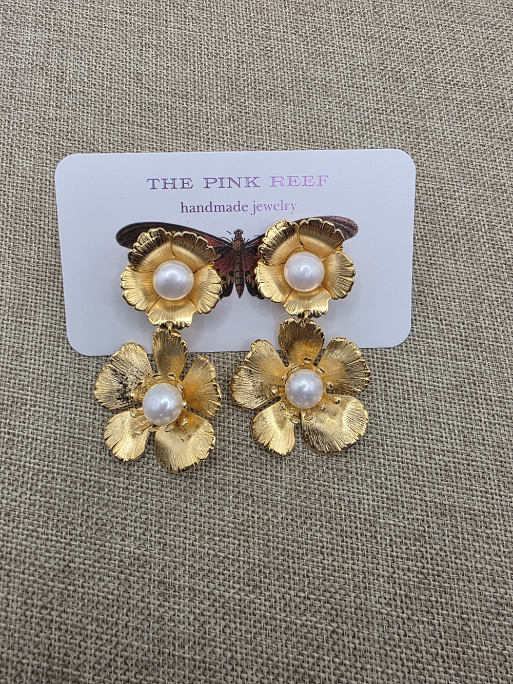 The Pink Reef Gold Flower Pearl Drop Earrings